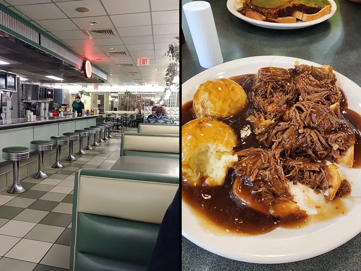 Classic breakfast plates on a diner table.