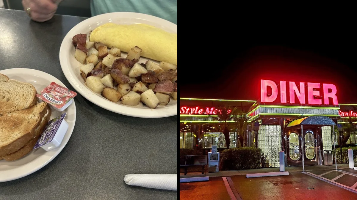 Classic breakfast plates on a diner table.
