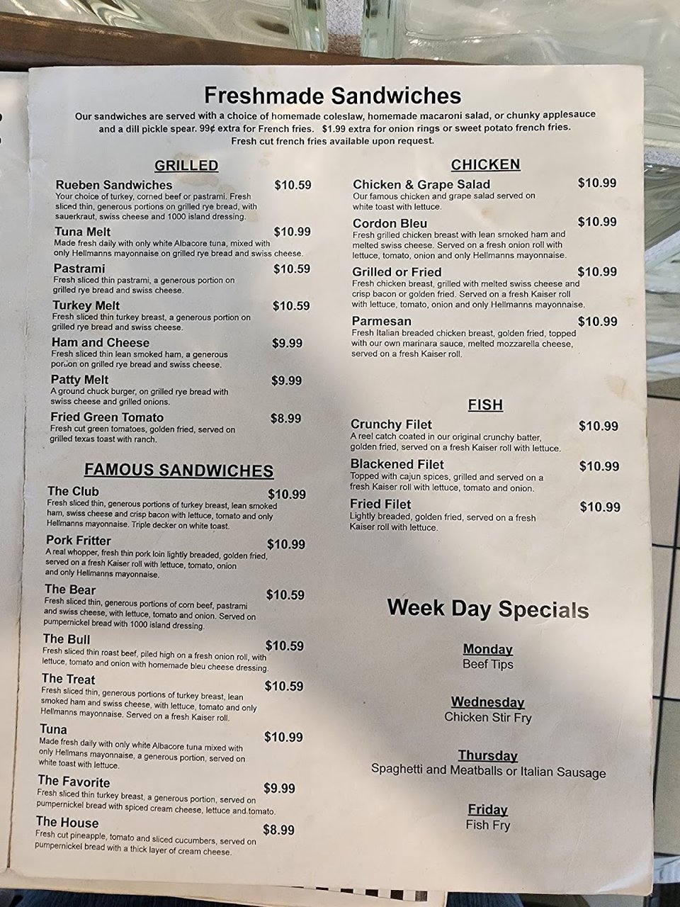 Breakfast and lunch dishes on a menu page.