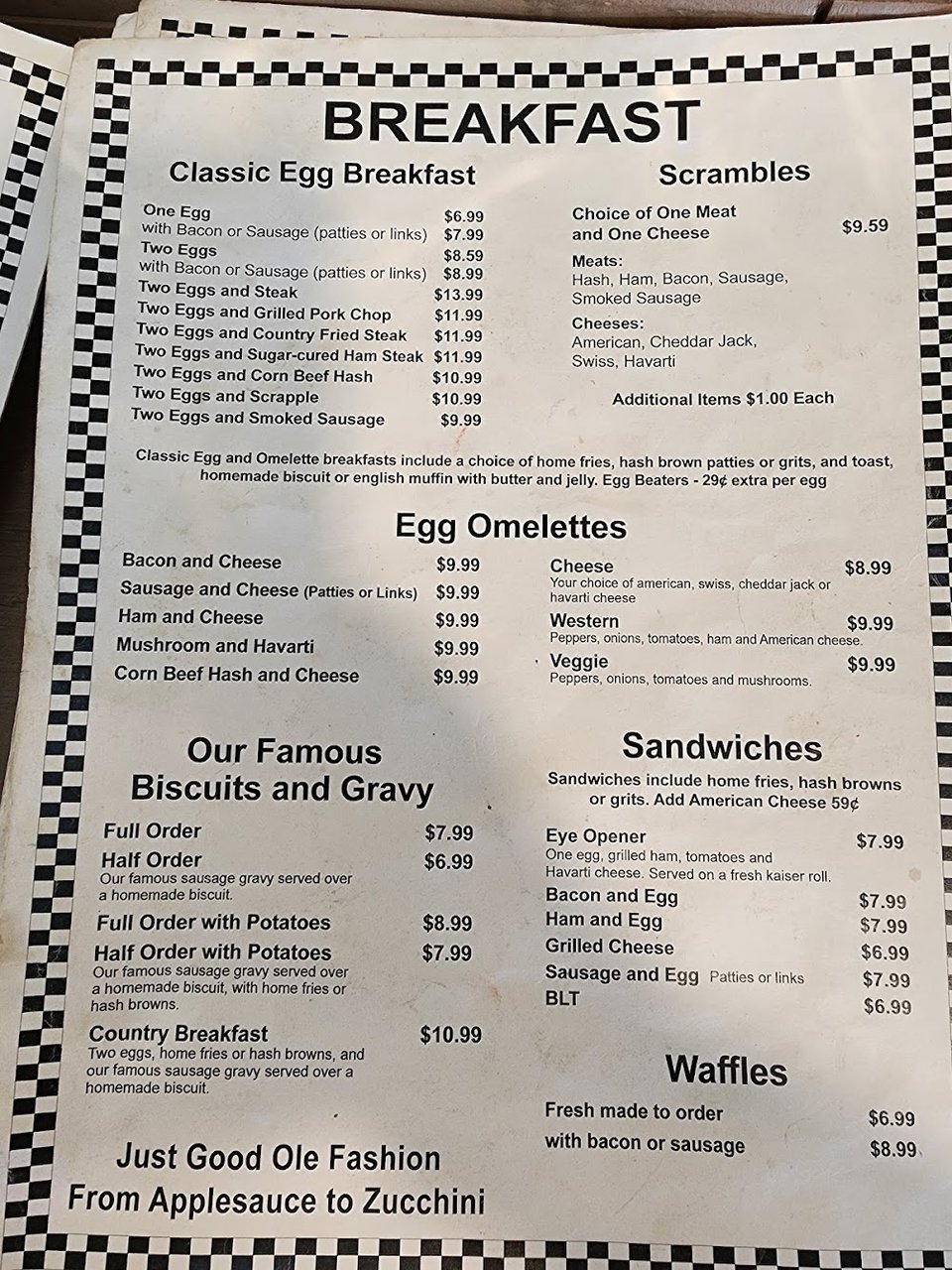 Classic American diner menu with comfort foods.